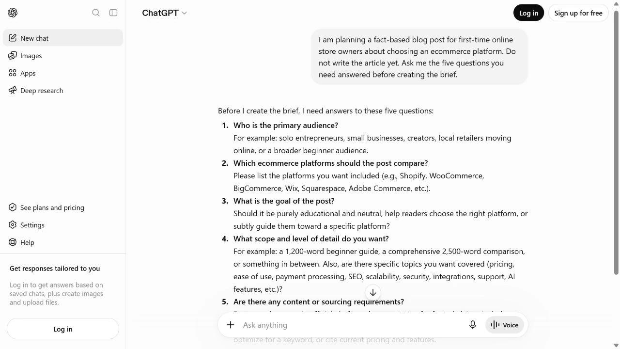 ChatGPT asking five editorial questions before creating a blog brief
