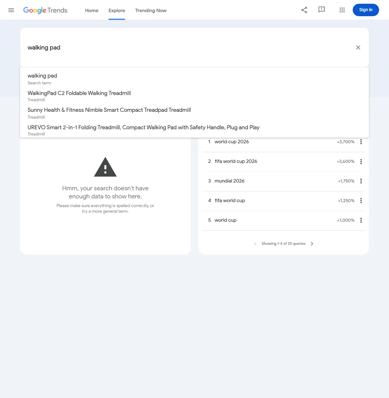 Google Trends suggestions for the walking pad search term and specific treadmill products