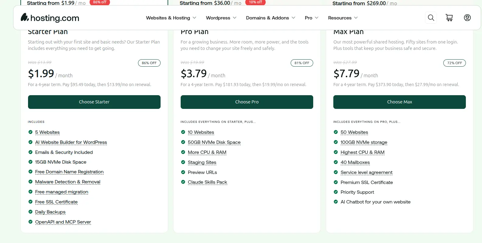hosting.com shared hosting plans