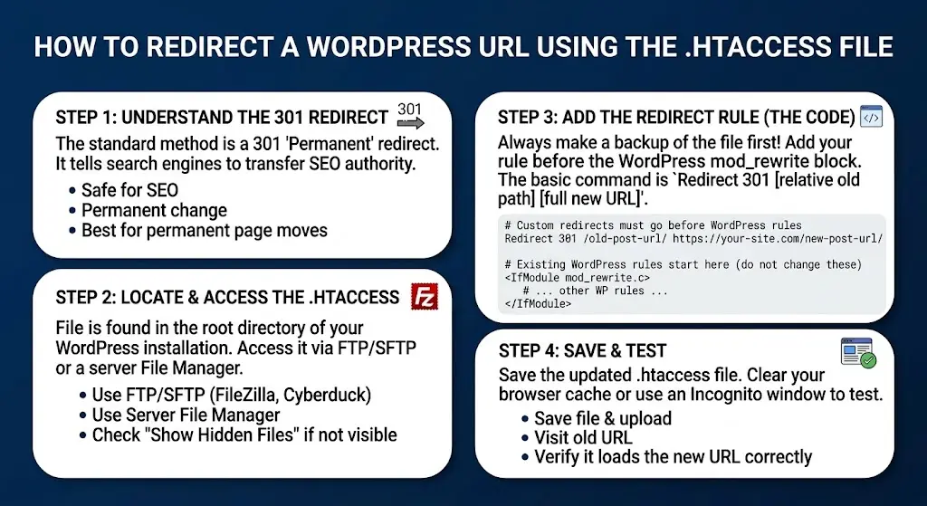 how to redirect a wordpress url using Using the .htaccess File