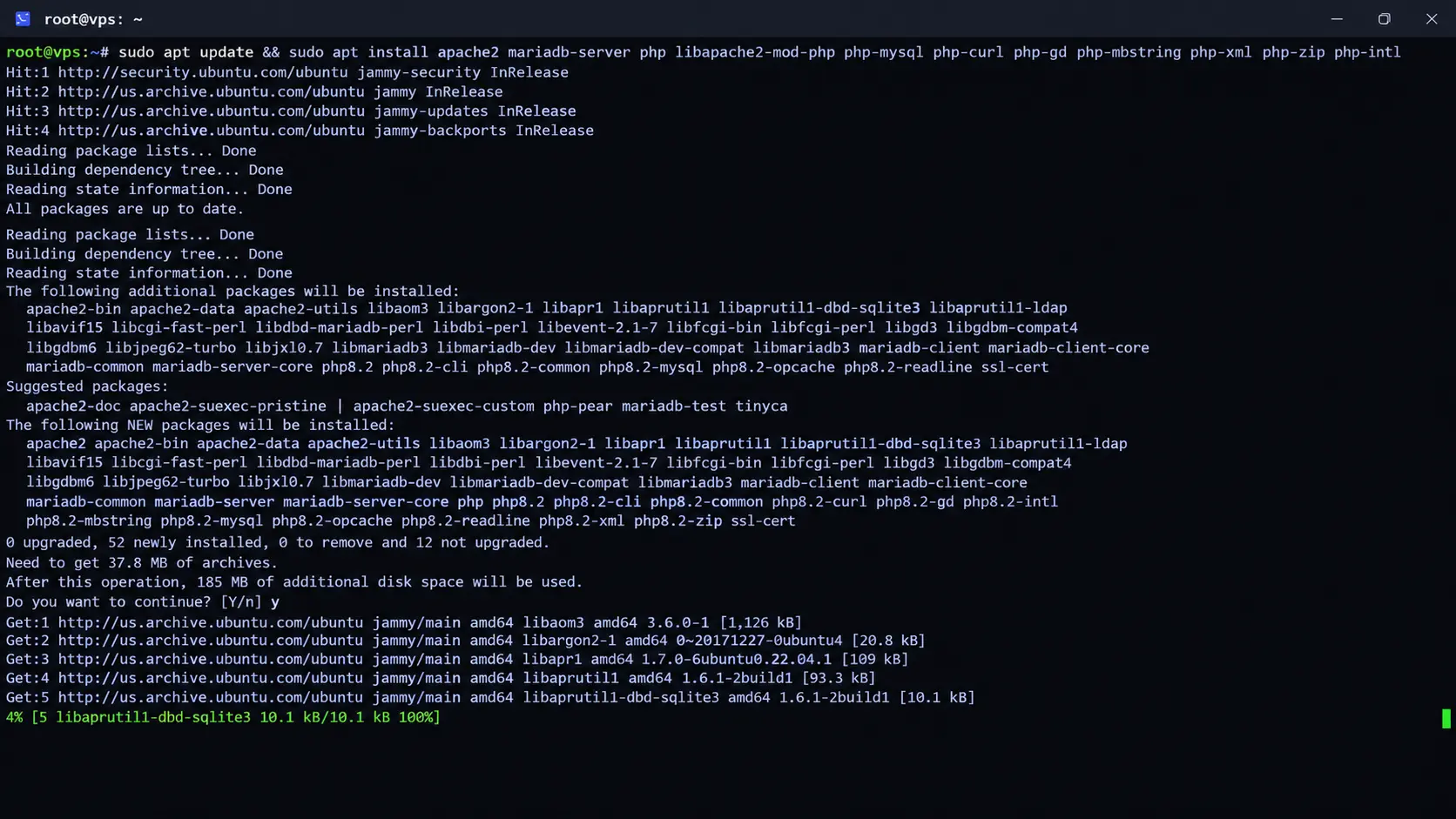 sudo apt update && sudo apt install apache2 mariadb-server php libapache2-mod-php php-mysql php-curl php-gd php-mbstring php-xml php-zip php-intl