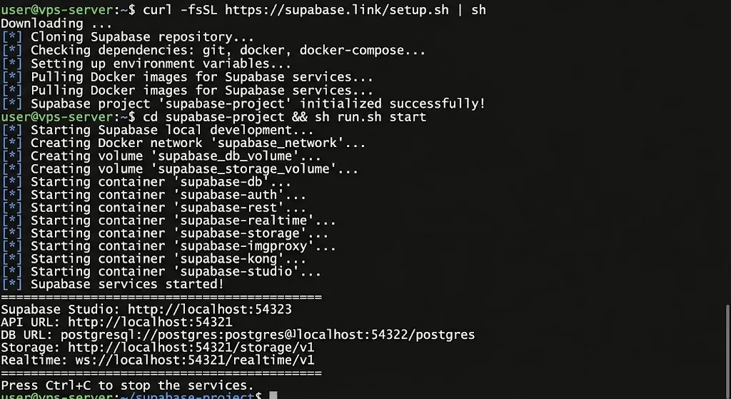 curl -fsSL https://supabase.link/setup.sh | sh
cd supabase-project && sh run.sh start