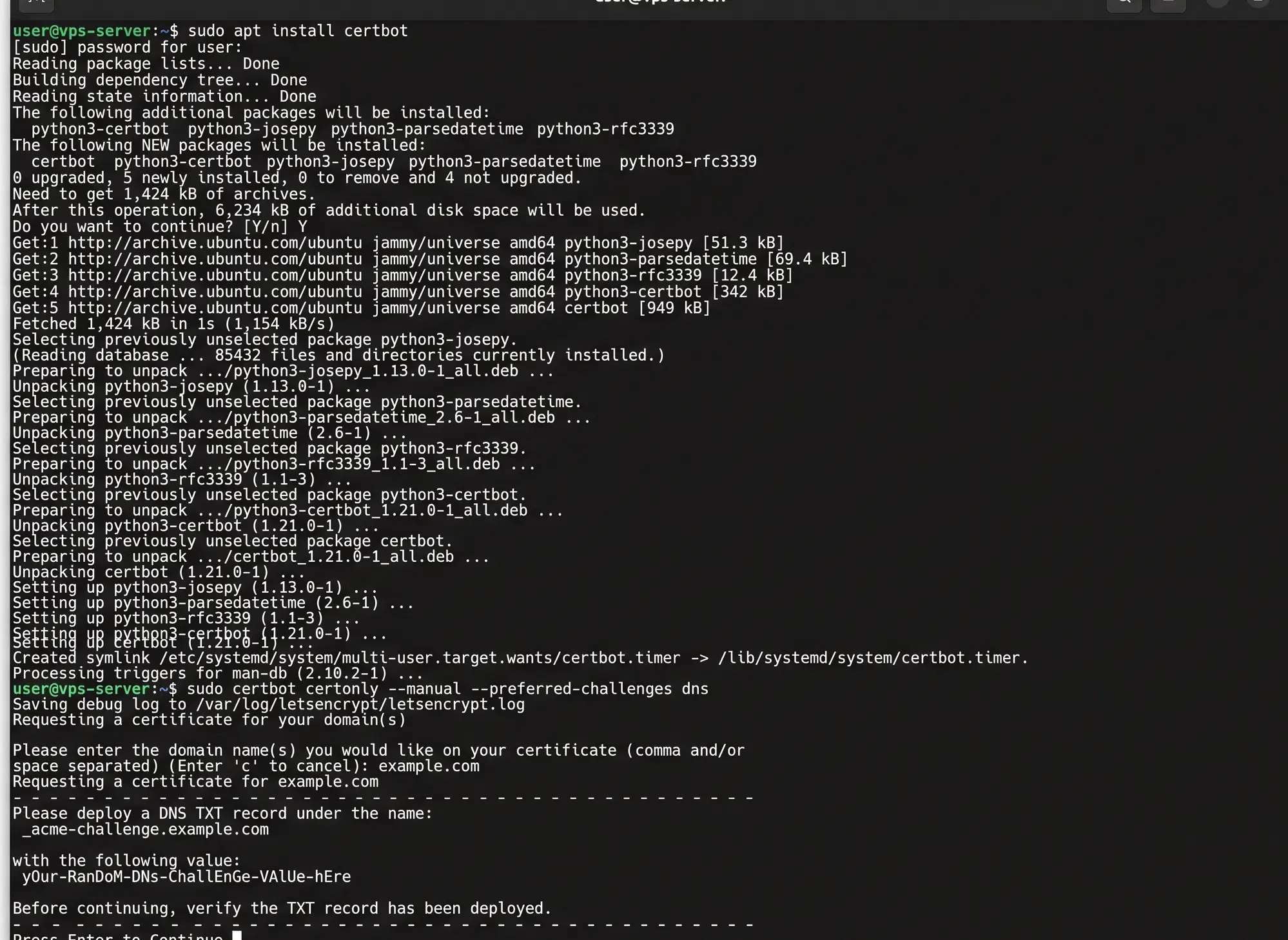 sudo apt install certbot
sudo certbot certonly --manual --preferred-challenges dns \