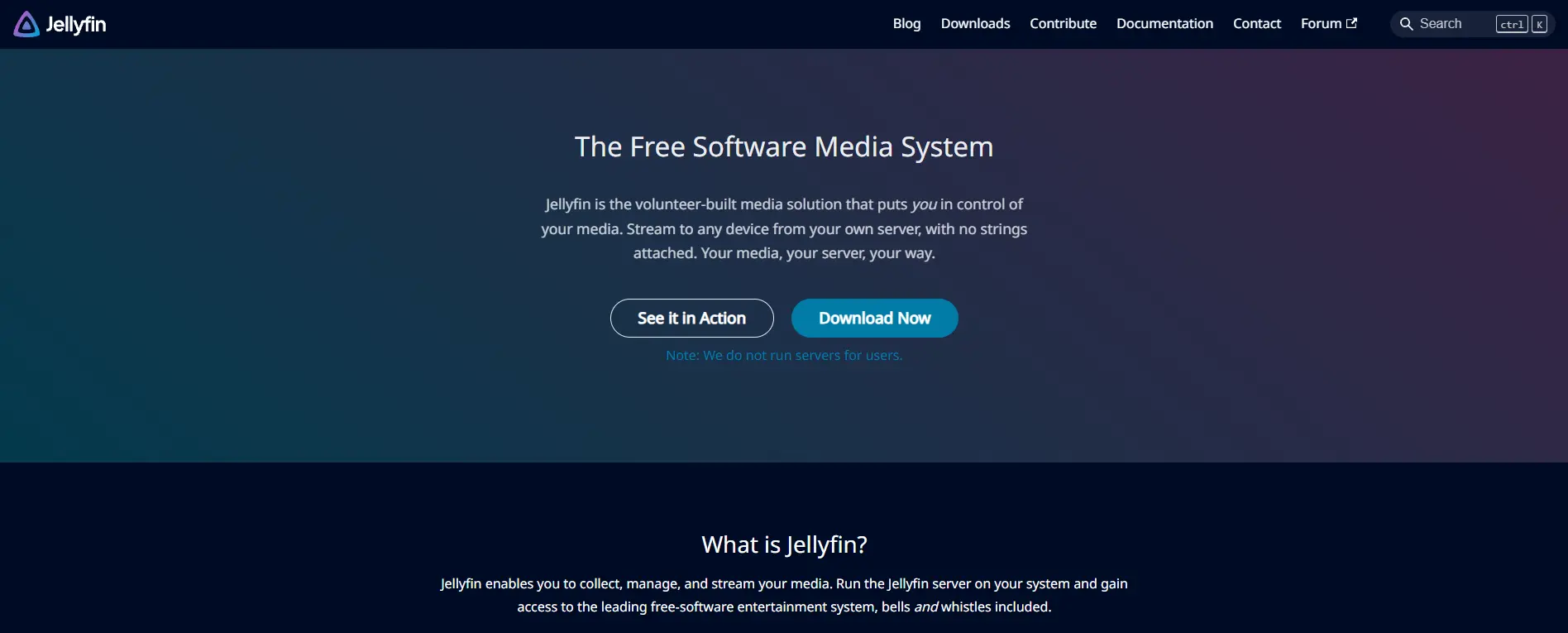 The Free Software Media System
Jellyfin is the volunteer-built media solution that puts you in control of your media. Stream to any device from your own server, with no strings attached. Your media, your server, your way.
