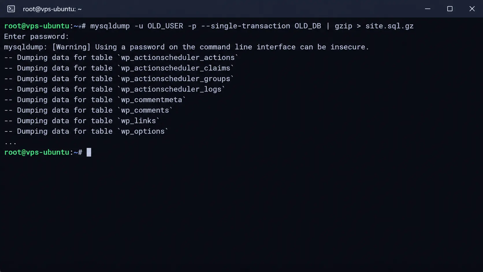 mysqldump -u OLD_USER -p --single-transaction OLD_DB | gzip > site.sql.gz