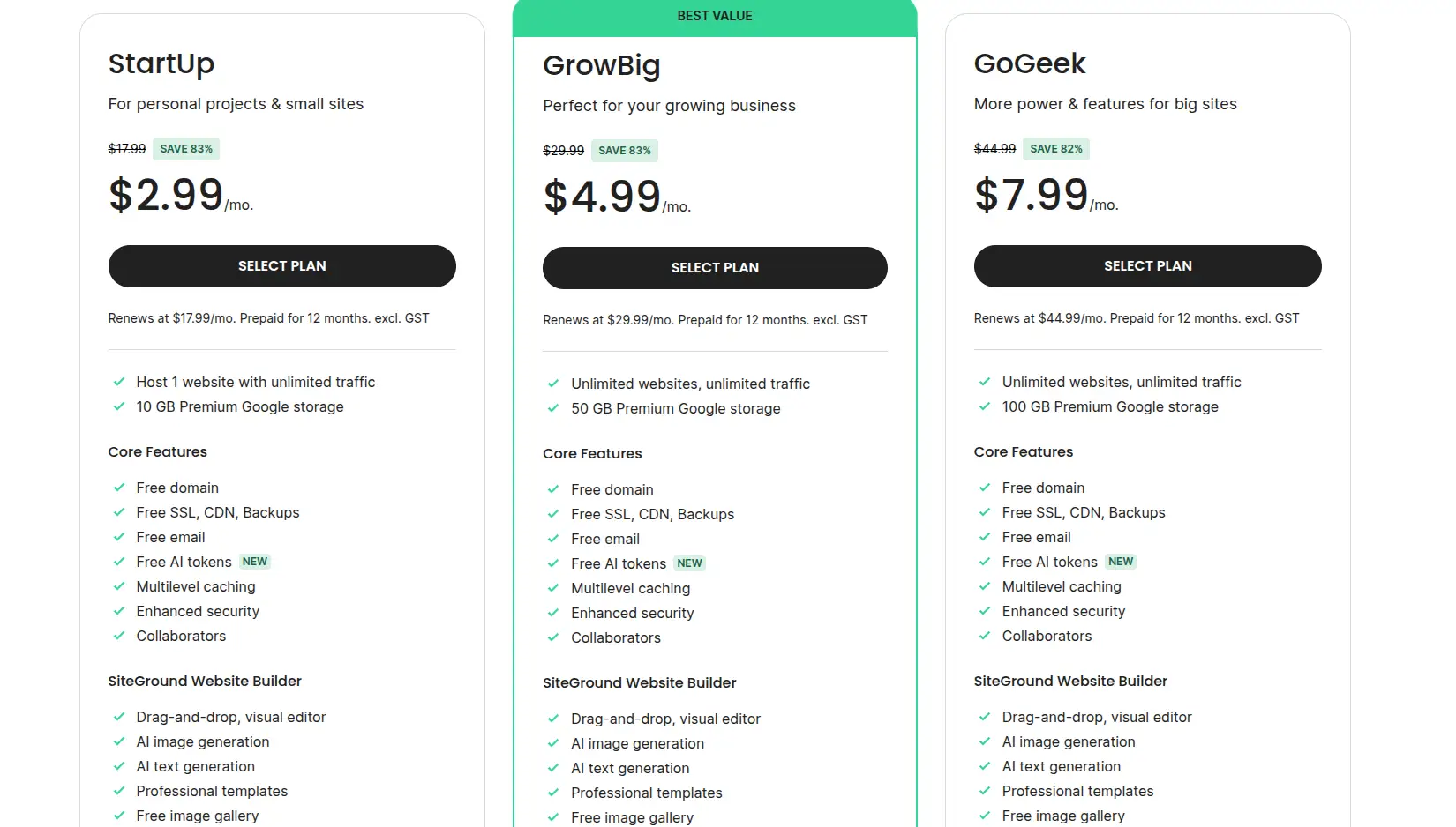 siteground shared hosting plans