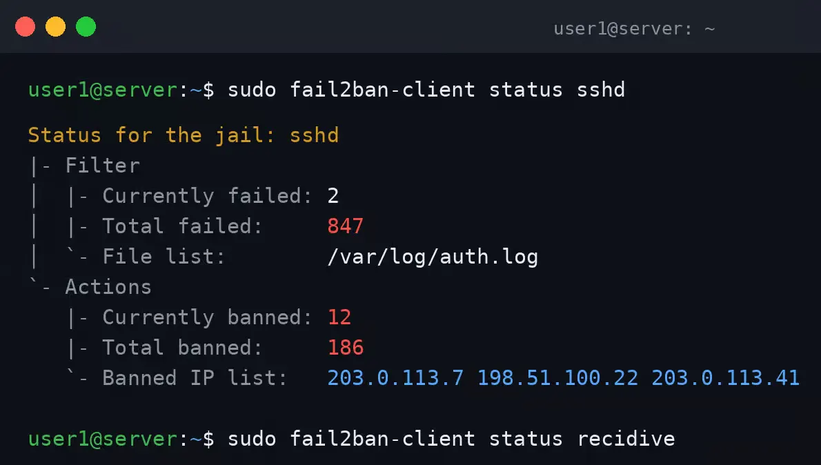 sudo fail2ban-client status sshd