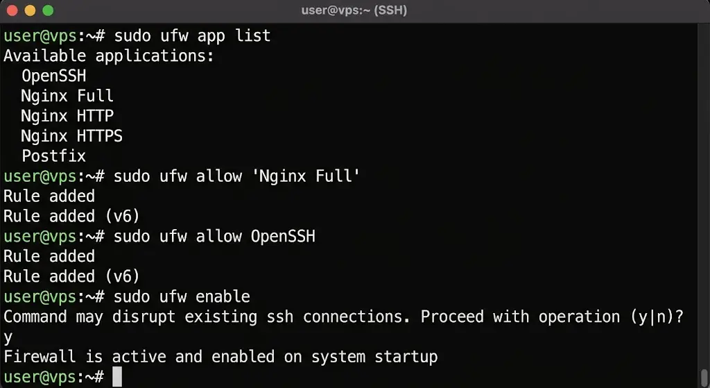 sudo ufw allow OpenSSH
sudo ufw enable
sudo ufw allow 'Nginx Full'
sudo ufw app list