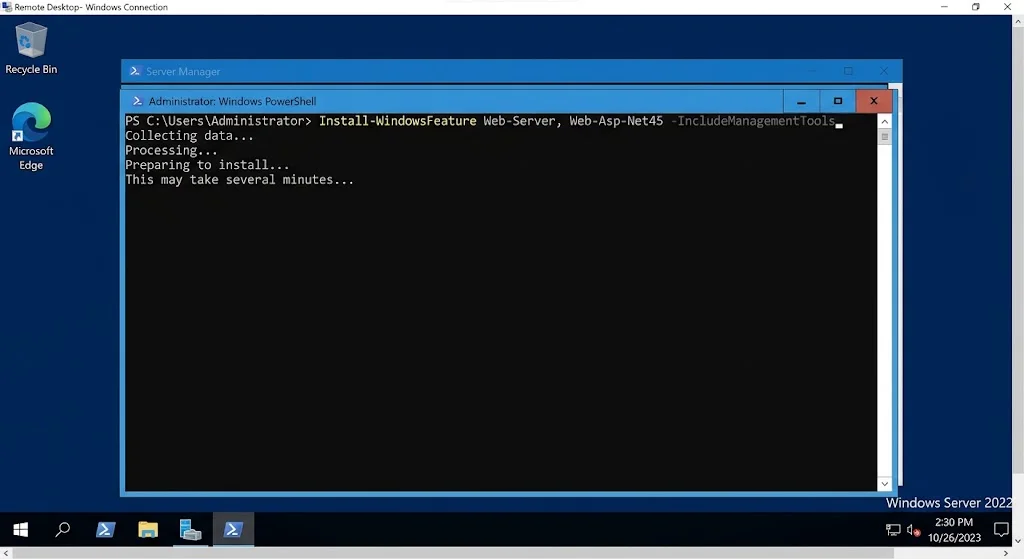 Install-WindowsFeature Web-Server, Web-Asp-Net45 -IncludeManagementTools