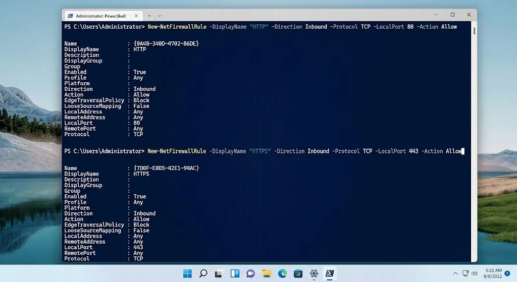 New-NetFirewallRule -DisplayName "HTTPS" -Direction Inbound -Protocol TCP -LocalPort 443 -Action Allow
