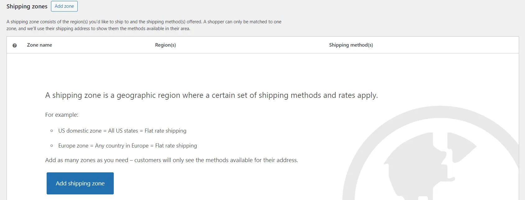 woocommerce add shipping A shipping zone consists of the region(s) you'd like to ship to and the shipping method(s) offered.