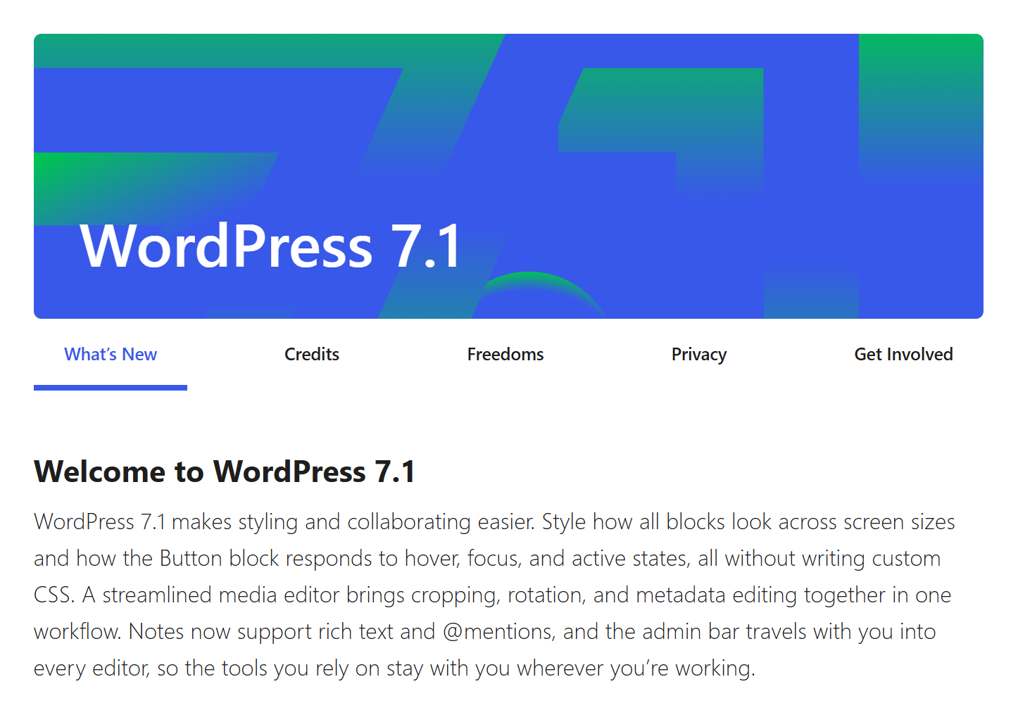 About screen identifying the WordPress 7.1 test installation