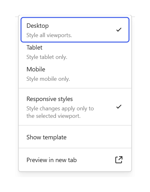 Device menu containing Desktop, Tablet, Mobile and Responsive styles