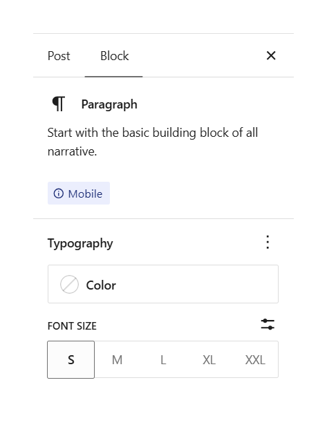 Paragraph font-size setting showing the mobile Small selection