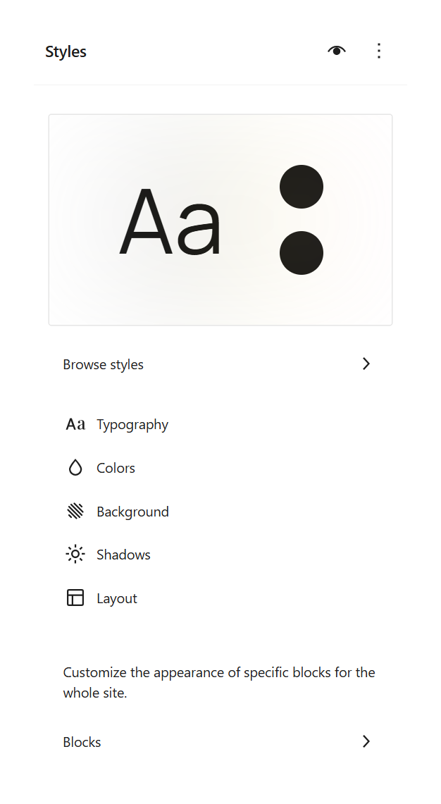 Site Editor Styles panel with typography, colors, layout and block controls